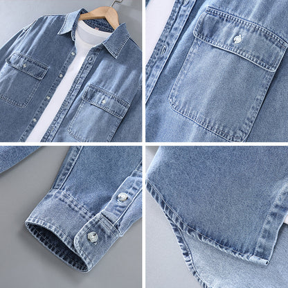 Japanese-style Retro Rewash Double Bag Men's Long Sleeve Light Color Denim Shirt
