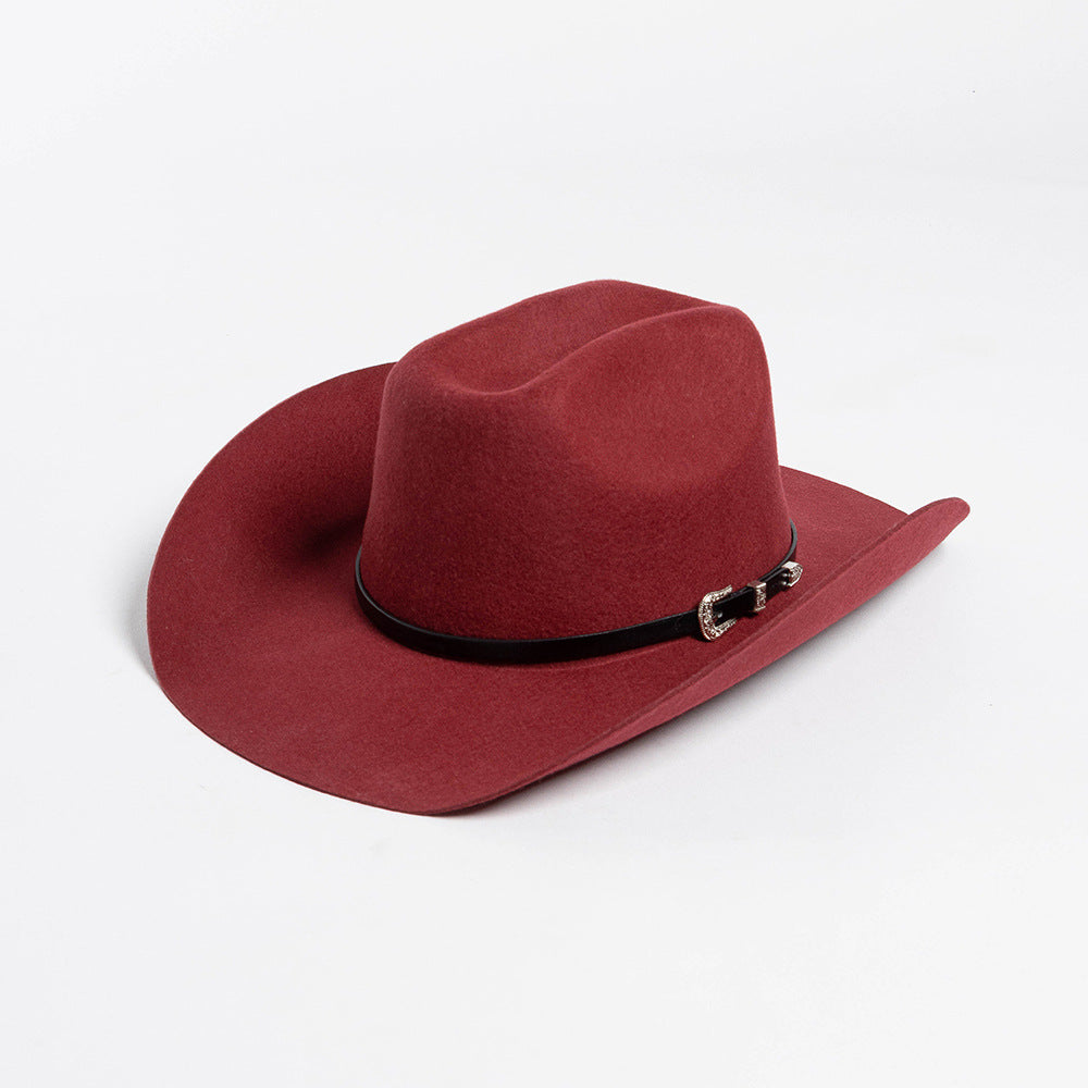 Belt Buckle Wide Brim Curling Wool Cowboy Hat