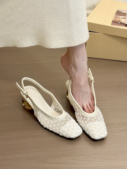 Square Toe Woven Toe Cap Slingback Sandals Women