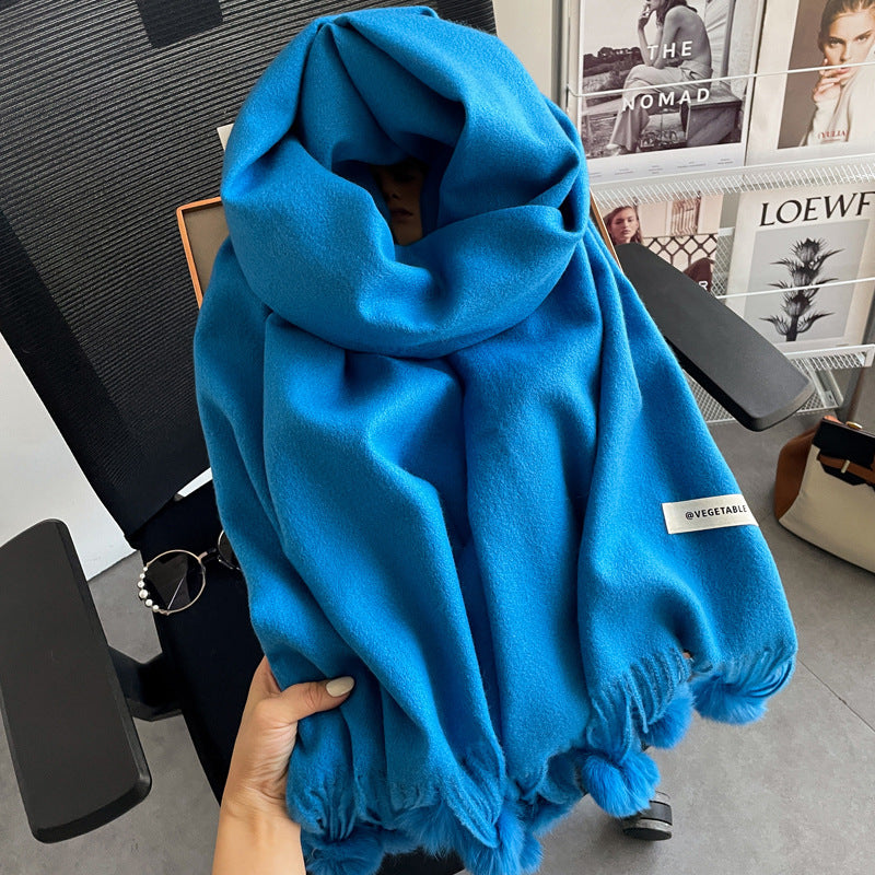 Beige Artificial Cashmere Scarf Fur Ball Winter Warm Tassel Shawl
