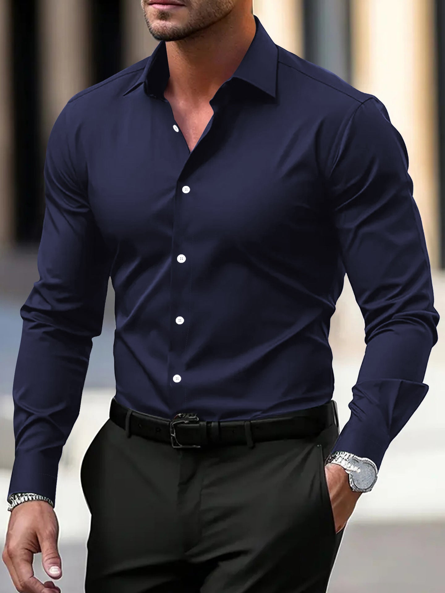 Men’s Solid-Color Long-Sleeve Button-Down Shirt – Business & Vacation Style