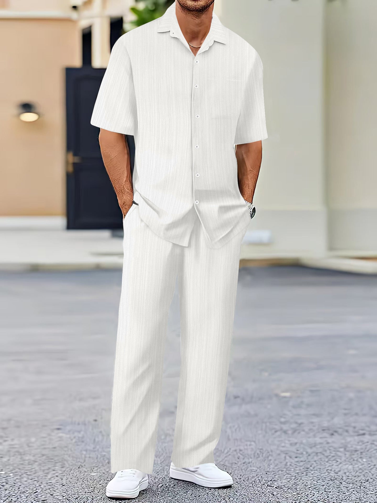 Men’s Solid-Color Short-Sleeve Fashion Suit – Lightweight Summer Two-Piece Set