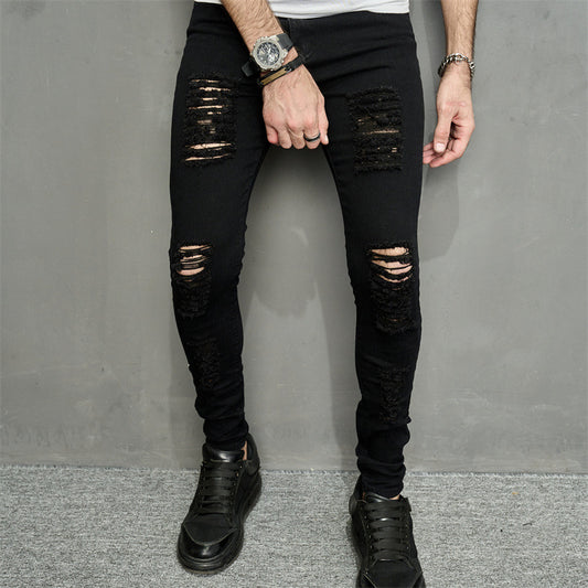 Men’s Ripped Slim-Fit Denim Jeans – Street Style with Bold Personality