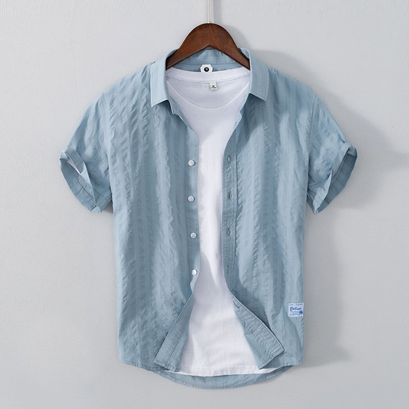 Men’s Leisure Dark Striped Thin Short Sleeve Pure Cotton Shirt – Casual Fit