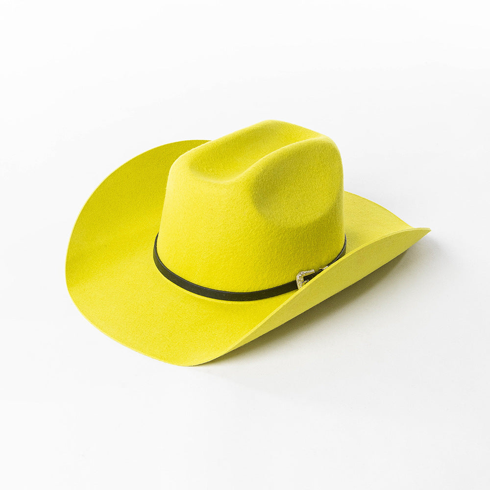 Belt Buckle Wide Brim Curling Wool Cowboy Hat