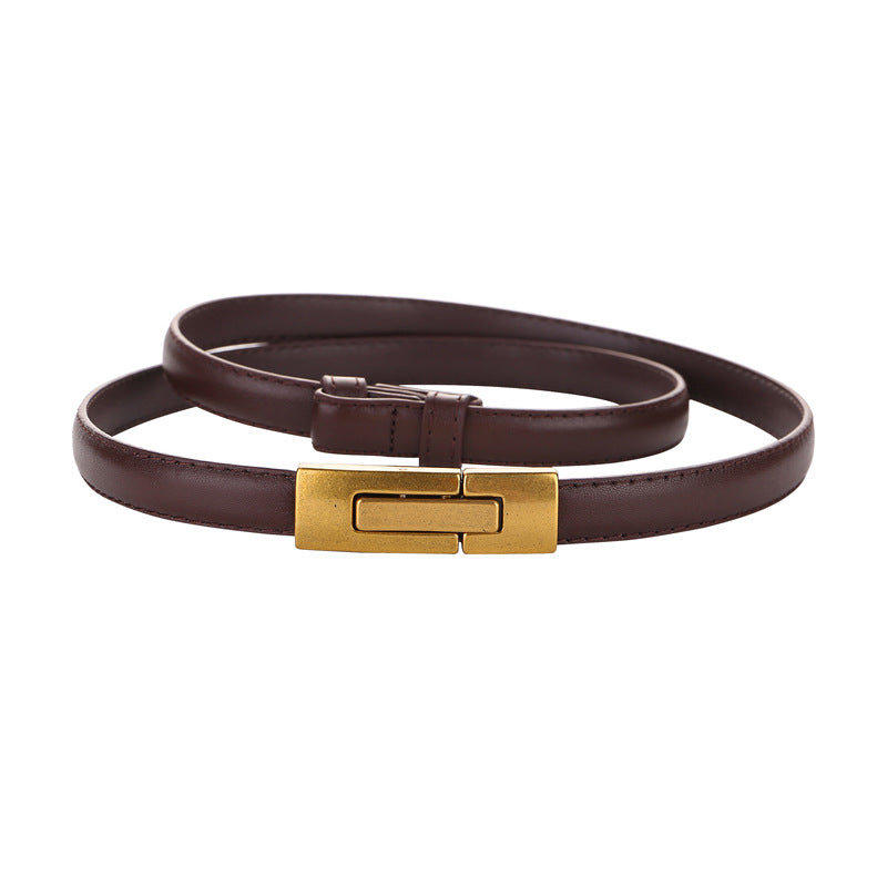Women's Leather Thin Belt First Layer Cow Leather Button