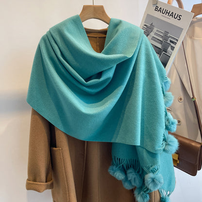 Beige Artificial Cashmere Scarf Fur Ball Winter Warm Tassel Shawl