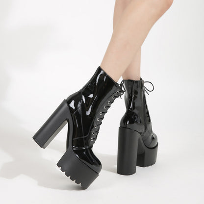 Women's Chunky Heel Short Patent Leather Lace-up Martin Boots