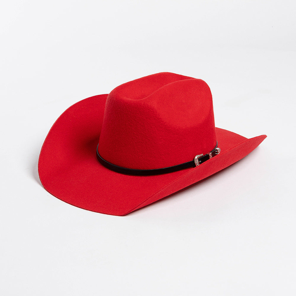 Belt Buckle Wide Brim Curling Wool Cowboy Hat
