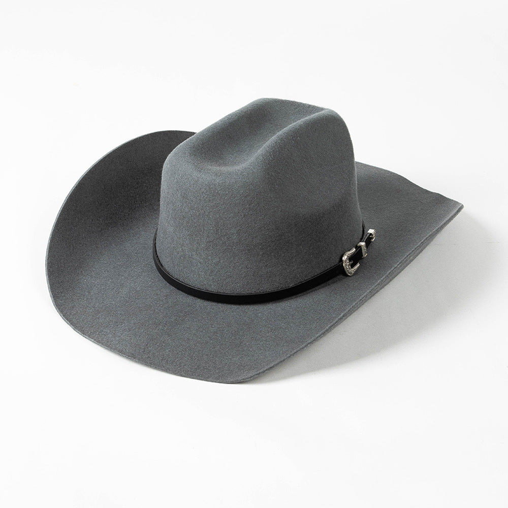 Belt Buckle Wide Brim Curling Wool Cowboy Hat