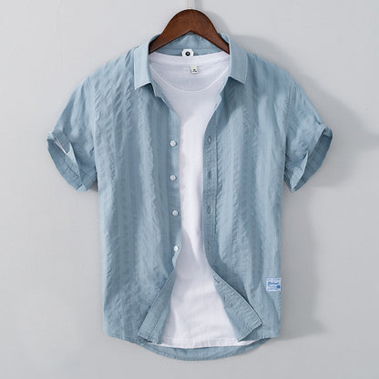 Men’s Leisure Dark Striped Thin Short Sleeve Pure Cotton Shirt – Casual Fit