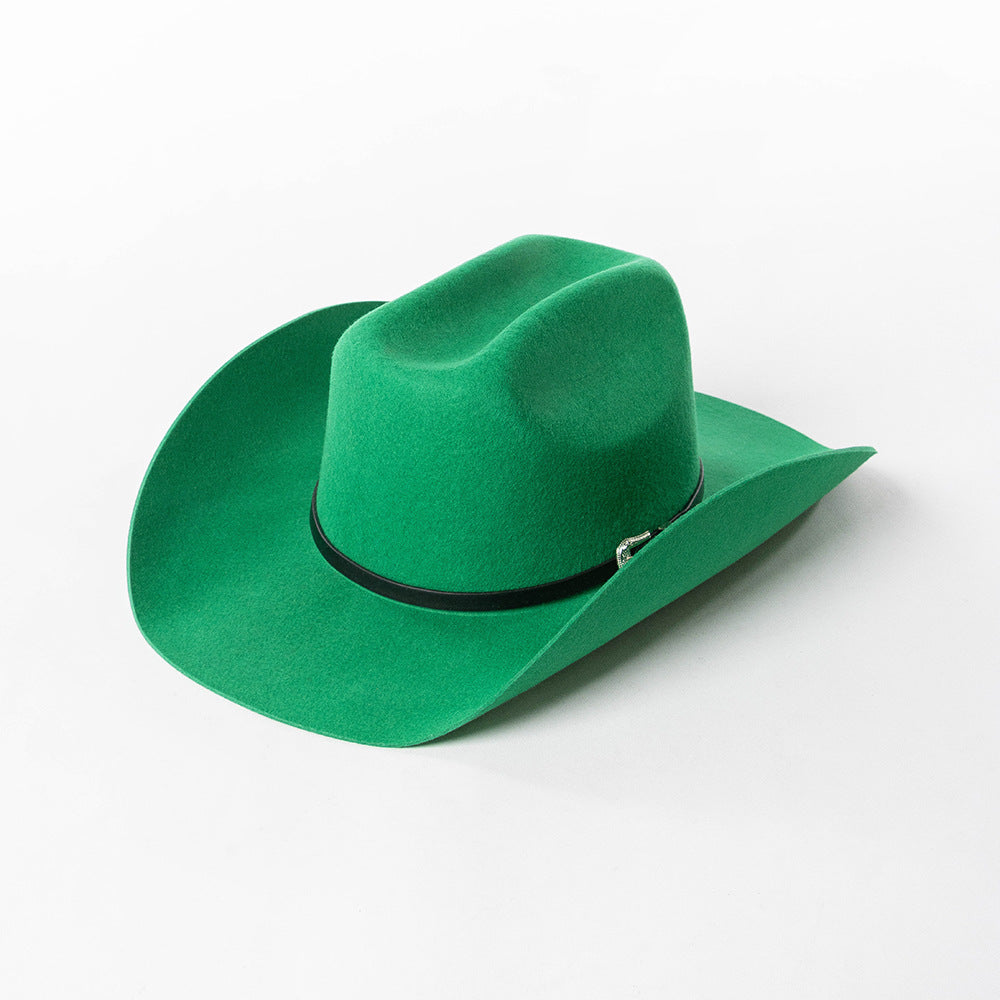 Belt Buckle Wide Brim Curling Wool Cowboy Hat