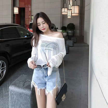 Retro Alphabet Long Sleeve Loose Slimming Thin Pullover Sun Protection Shirt