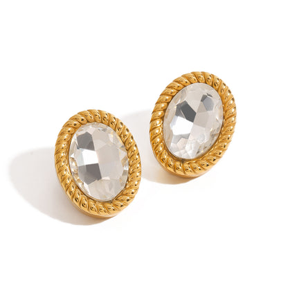 Design 18K Gold Stainless Steel Oval Glass Stone Earrings
