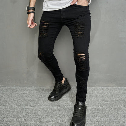 Men’s Ripped Slim-Fit Denim Jeans – Street Style with Bold Personality
