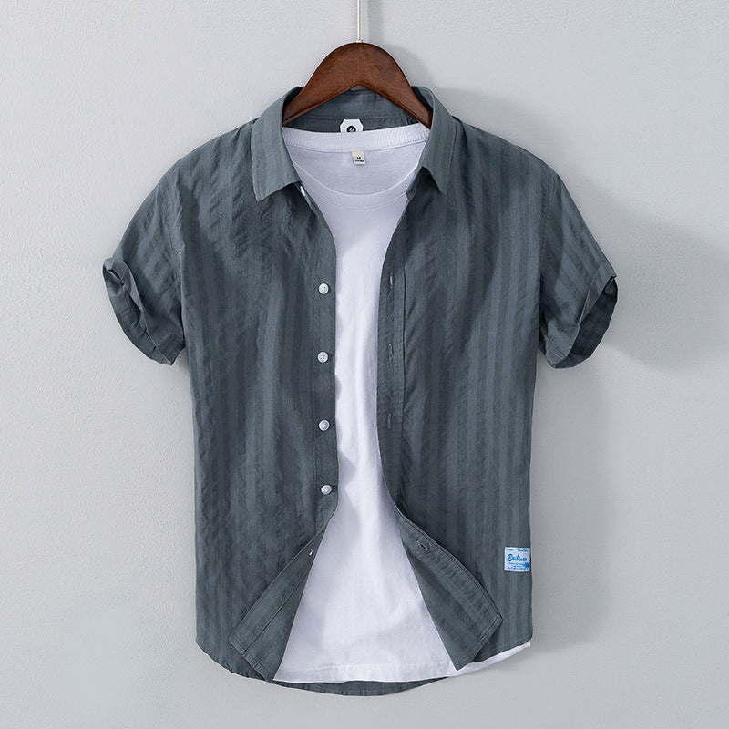 Men’s Leisure Dark Striped Thin Short Sleeve Pure Cotton Shirt – Casual Fit