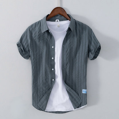 Men’s Leisure Dark Striped Thin Short Sleeve Pure Cotton Shirt – Casual Fit