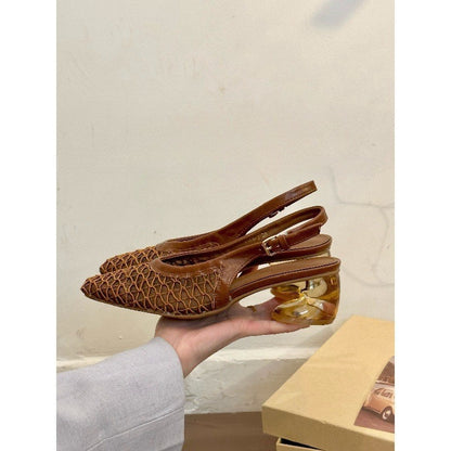 Square Toe Woven Toe Cap Slingback Sandals Women