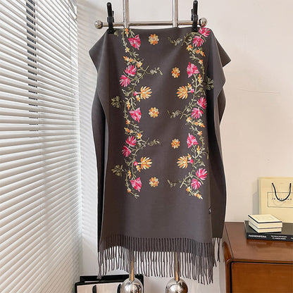 Autumn And Winter Thick Simple Flower Embroidery Cashmere-like Ethnic Style Warm Scarf