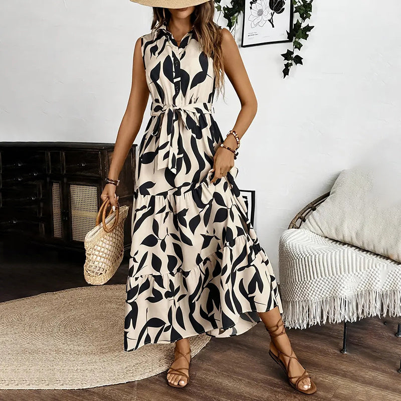 Women Sleeveless Boho Floral Maxi Dress Summer Button Shirt V Neck Flowy Belted Beach Vacation Dresses
