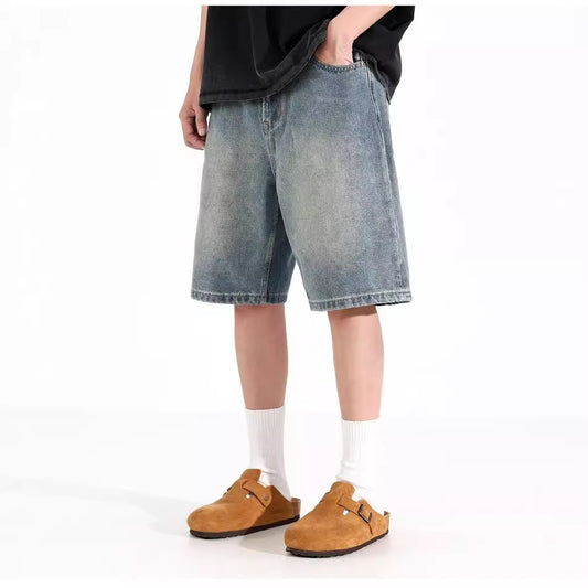 Men’s All-Match Washed Denim Loose Straight Sports Shorts – Casual Low-Waist Overalls Style