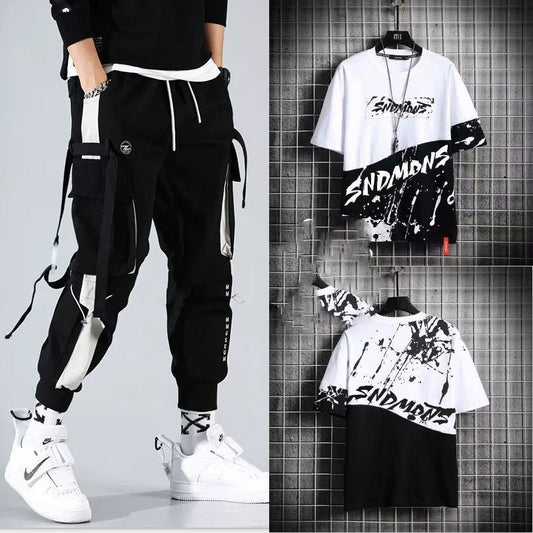 Men’s Two-Piece Hip-Hop Summer Set – Loose Overalls with Hooded Top