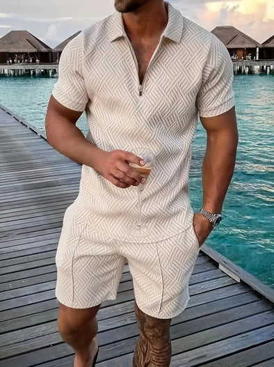 Men's Polo Shirt & Shorts Set – Casual Summer Outfit, Short Sleeve Zipper Top with Matching Shorts