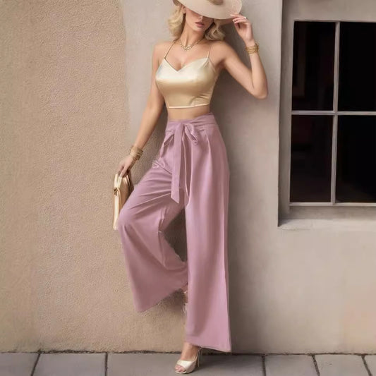 European And American Trousers Lace Up Commute Style High Waist