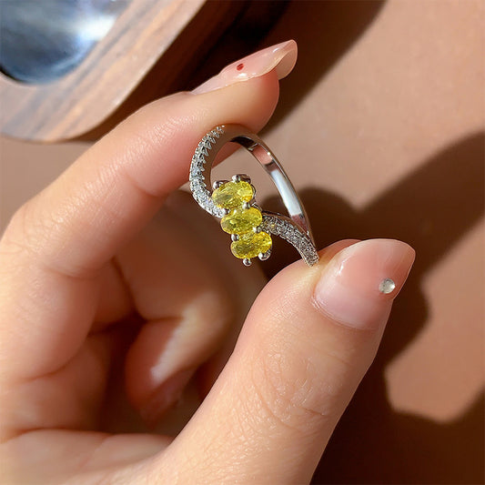 Fashionable All-match High-carbon Elegant Cube Sugar Citrine Rhinestone Ring