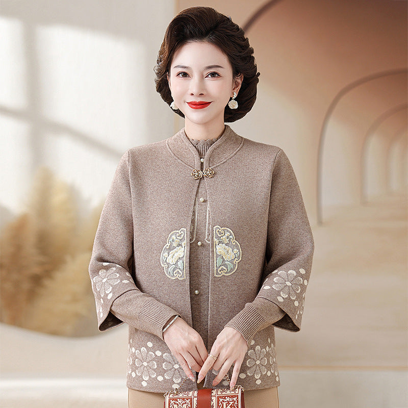 Middle-aged And Elderly Women's Knitting Sweater Cardigan Autumn And Winter Two-piece Set