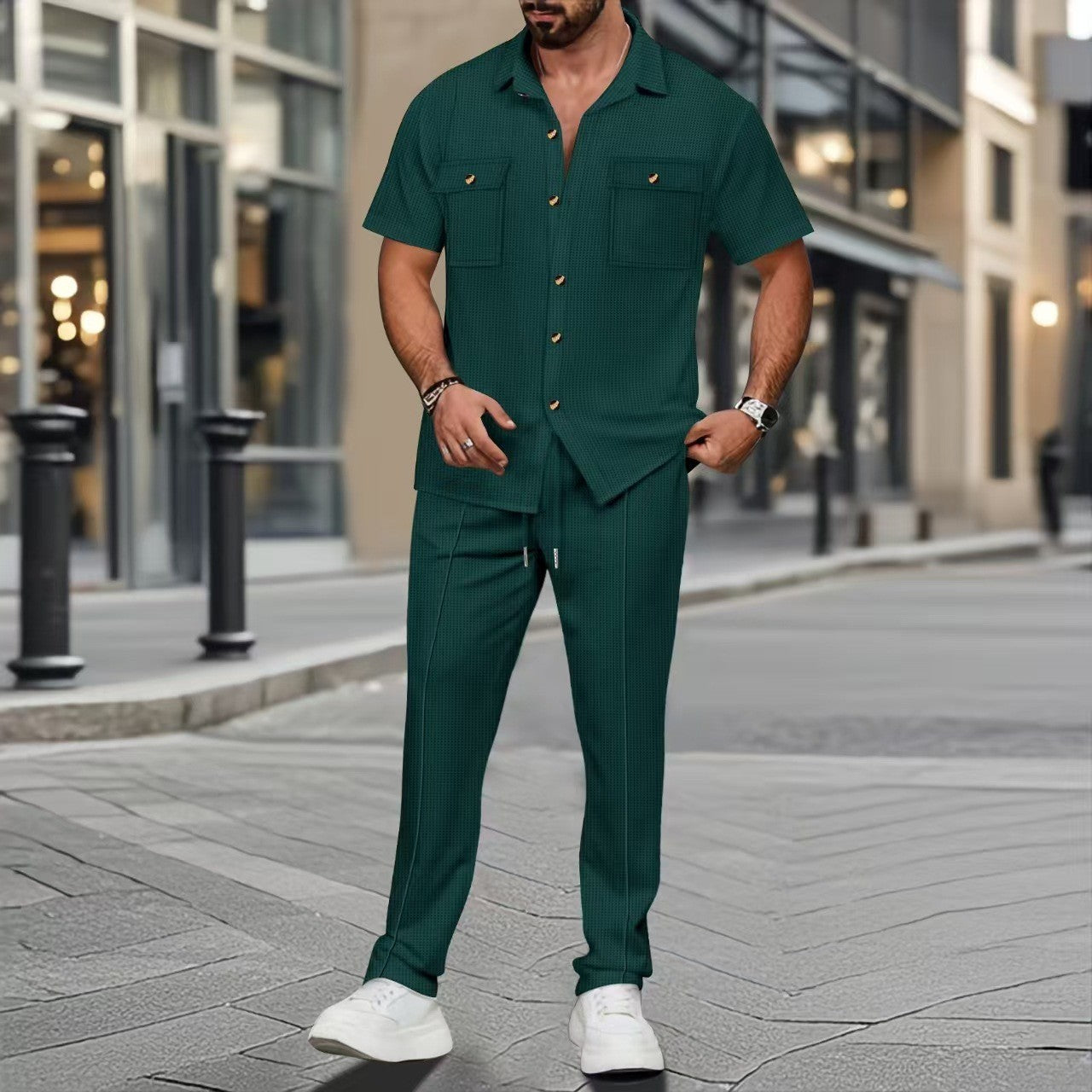 Men’s Button Pocket Short Sleeve Shirt & Trouser Co-Ord Set – NYLIXA Summer Casual Two-Piece Outfit