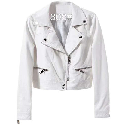 Motorcycle Leather Women's Short Slim Fit Plus Size Washed Leather Jacket