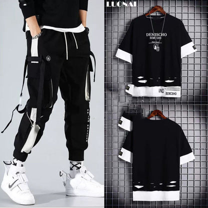 Men’s Two-Piece Hip-Hop Summer Set – Loose Overalls with Hooded Top