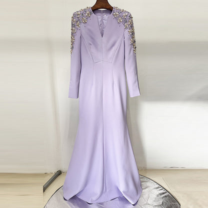 Heavy Industry Beads Diamond Front Slit Small Trailing Dress