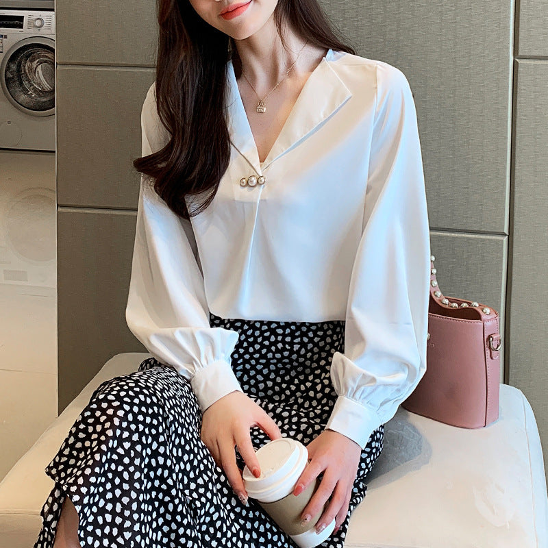 Fashion Business Chiffon Temperament Wild Loose Slimming V-neck Long Sleeve Shirt