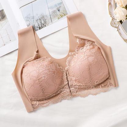 Large Size Push Up Front Buckle Fixed Cup Lace Vest Bra