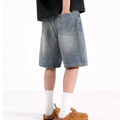 Men’s All-Match Washed Denim Loose Straight Sports Shorts – Casual Low-Waist Overalls Style