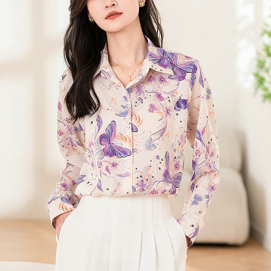 Design Sense Niche Long Sleeve Non-ironing Draping Vertical And Smooth Printed Top Shirt