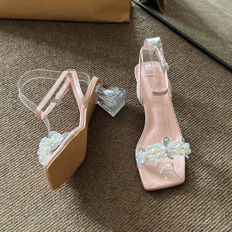 Rhinestone Flower Strap Women's High Heel Shoes
