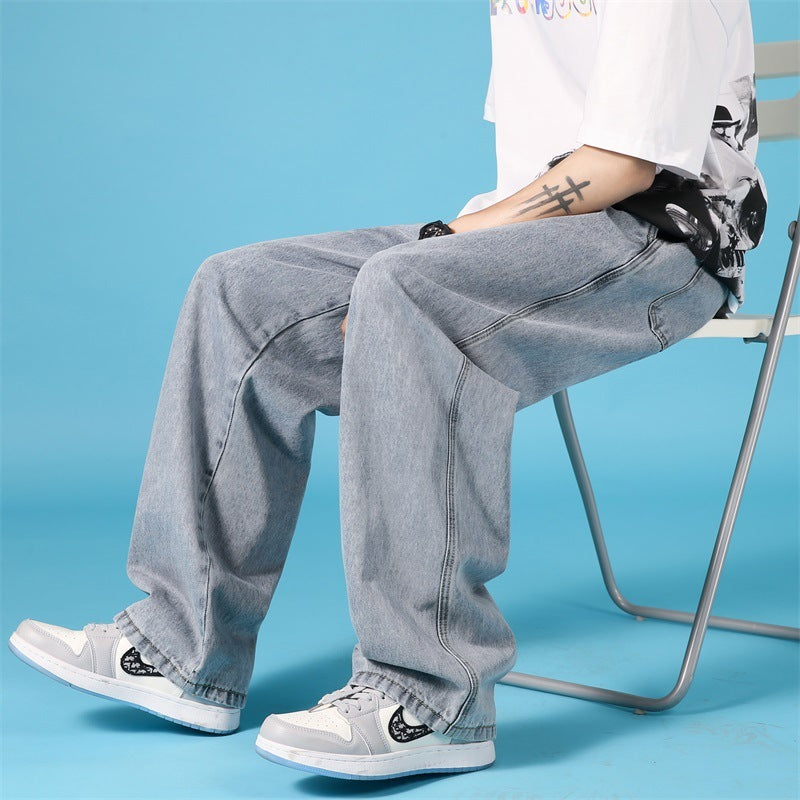 Men’s Korean Style Washed Denim Jeans – Mid-Waist, Straight Fit Casual Pants