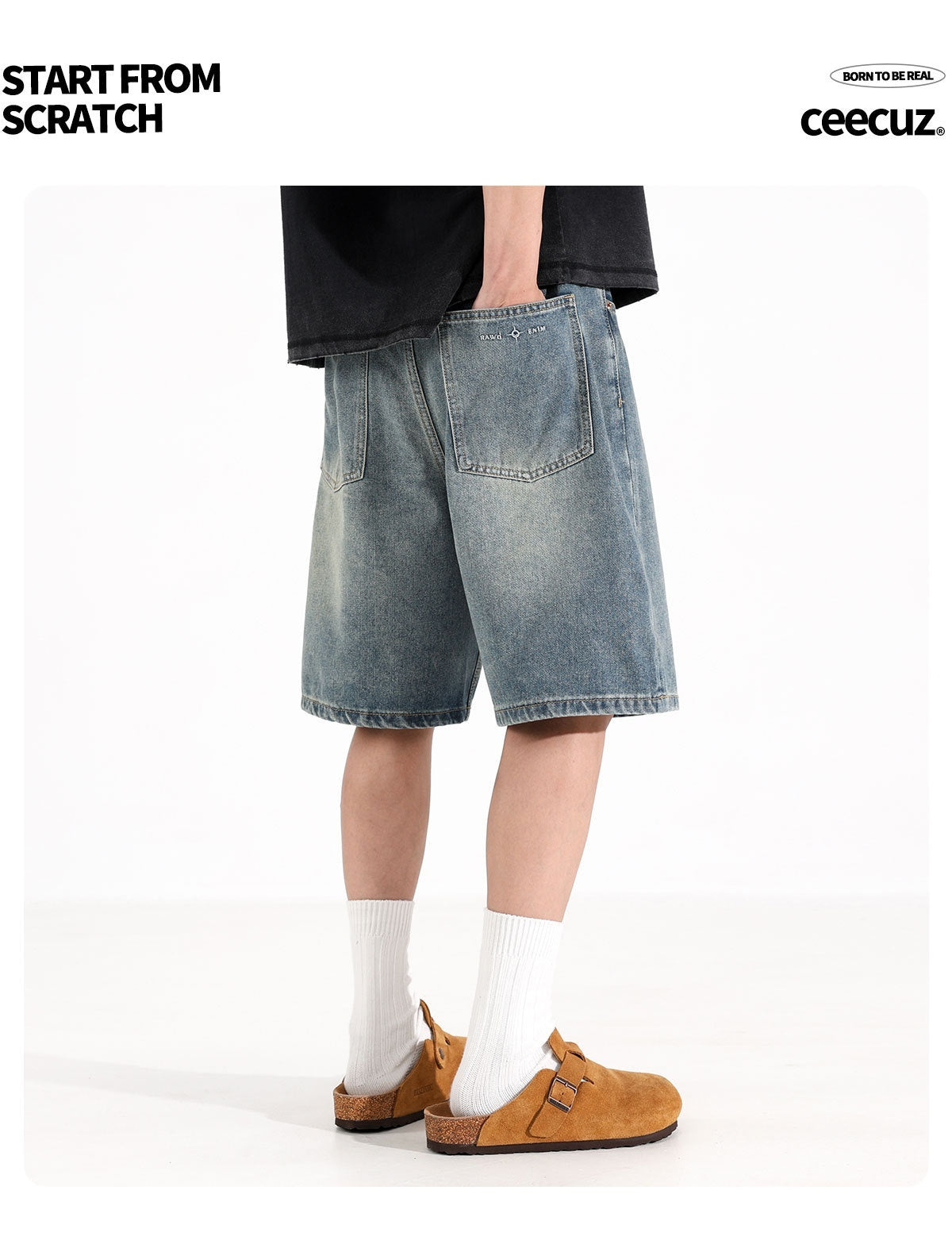Men’s All-Match Washed Denim Loose Straight Sports Shorts – Casual Low-Waist Overalls Style