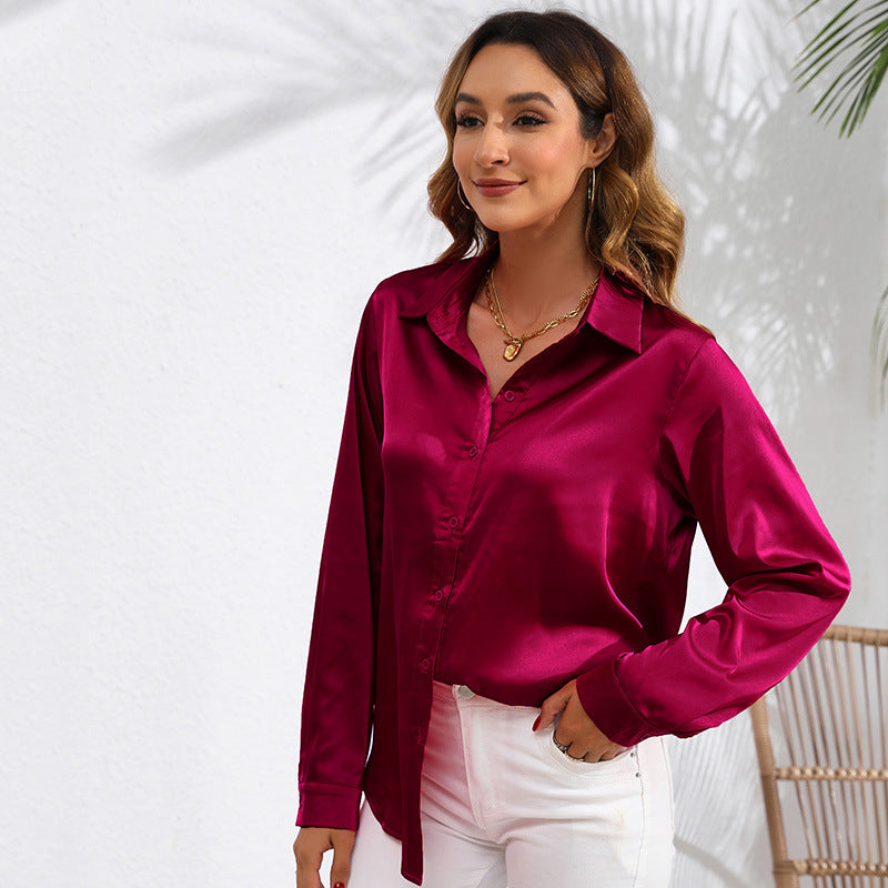 Women's Solid Color Satin Satin Long Sleeve Blouse