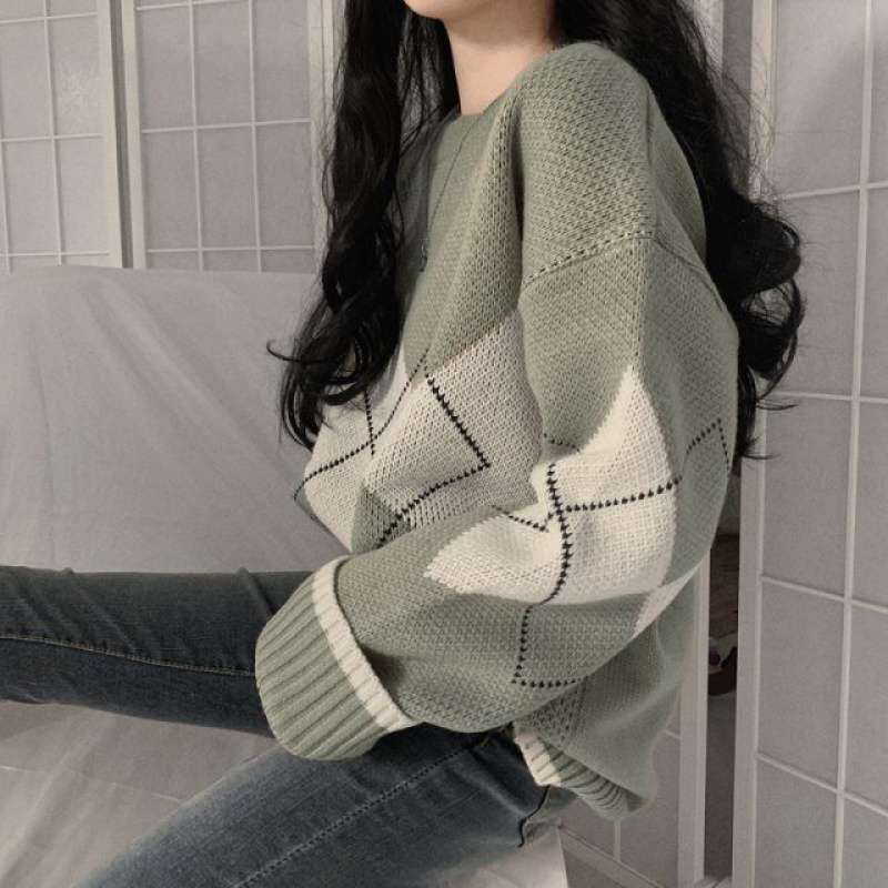 Diamond Loose Retro Slim Hong Kong Style Sweater Women Knit Sweater