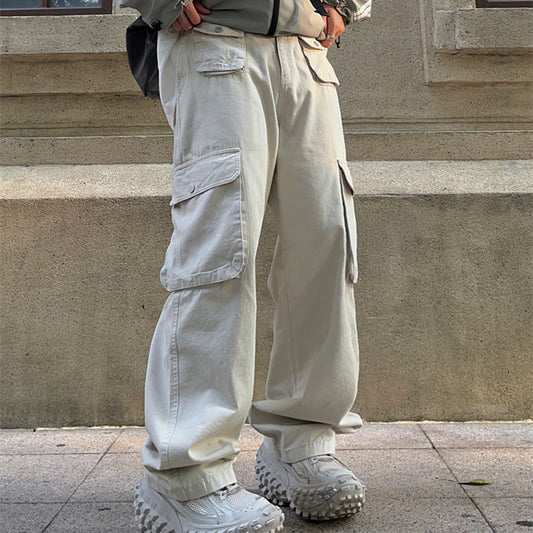 Men's Retro Brown Loose-Fit Overalls – Multi-Pocket American Streetwear