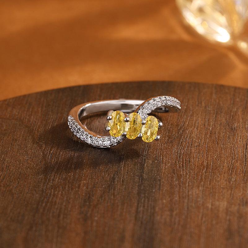 Fashionable All-match High-carbon Elegant Cube Sugar Citrine Rhinestone Ring