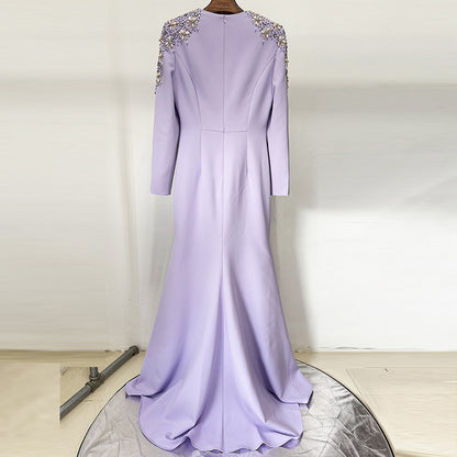 Heavy Industry Beads Diamond Front Slit Small Trailing Dress