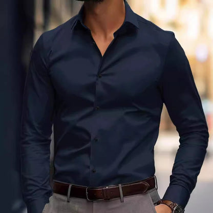 Men’s Solid-Color Long-Sleeve Lapel Business Shirt – Casual Elegance