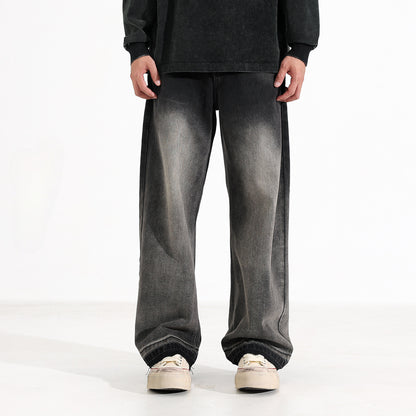 Men’s Heavy Washed American Style Wide-Leg Jeans – Black & Gray Vintage Denim