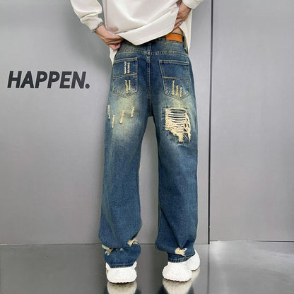 Men’s Loose Wide-Leg Washed Blue Jeans – Streetwear Comfort Redefined
