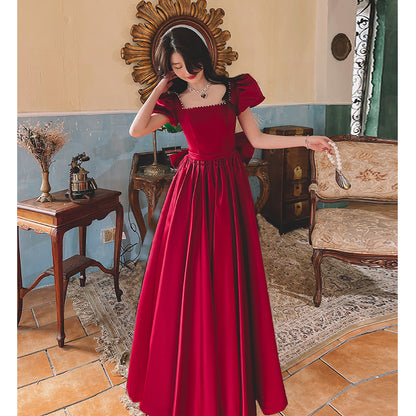 Regal Romance Puff Sleeve Pearl-Trimmed Dress – Wine Red